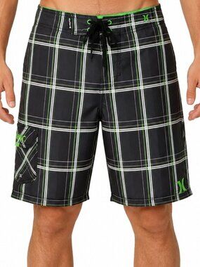 Hurley Board Shorts Men's 35 Black Plaid Surf Swim Cargo Drawstring, 22.5" Long